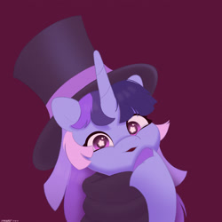 Size: 2480x2480 | Tagged: safe, artist:starburstuwu, derpibooru import, oc, oc only, oc:flawless sparklemoon, pony, unicorn, bust, female, fusion, fusion:trixie, fusion:twilight sparkle, fusion:twixie, hat, high res, horn, looking at you, mare, purple background, signature, simple background, solo, starry eyes, top hat, unshorn fetlocks, wingding eyes