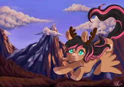 Size: 2894x2039 | Tagged: safe, artist:ashestosparks, derpibooru import, oc, oc only, pegasus, pony, antlers, cloud, flying, high res, mountain, outdoors, smiling, solo