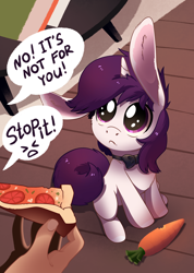 Size: 1562x2200 | Tagged: safe, alternate version, artist:28gooddays, derpibooru import, oc, oc only, oc:lapush buns, human, pony, unicorn, behaving like a dog, big ears, bronybait, bunny ears, carrot, collar, commission, cute, cutemail, ears, eye shimmer, food, horn, indoors, meat, offscreen character, pepperoni, pepperoni pizza, pizza, pov, puppy dog eyes, speech bubble, weapons-grade cute, ych result