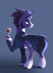 Size: 1812x2500 | Tagged: safe, artist:28gooddays, derpibooru import, oc, oc only, oc:count tenebrous grimoire, pony, unicorn, concave belly, curved horn, frown, glass, gradient background, head turn, high res, holding, horn, lineless, looking back, male, sideburns, solo, stallion, tailcoat, unshorn fetlocks, wine glass