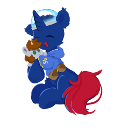 Size: 991x991 | Tagged: safe, artist:skylinepony_, derpibooru import, oc, oc only, oc:bit shift, oc:littlepip, pony, unicorn, fallout equestria, bag, blue coat, brain, clothes, ear fluff, ears, eyes closed, fetlock tuft, happy, hoodie, horn, hug, jumpsuit, open mouth, open smile, organs, plushie, red tail, saddle bag, simple background, smiling, solo, tail, transparent background, vault suit