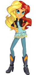 Size: 1426x2969 | Tagged: safe, artist:lazzy_bunny, derpibooru import, sunset shimmer, human, equestria girls, friendship games, g4, boots, clothes, dress, pants, shoes, simple background, smiling, solo, transparent background, tunic