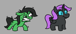 Size: 606x274 | Tagged: safe, artist:jargon scott, derpibooru import, oc, oc only, oc:anon filly, oc:nyx, alicorn, earth pony, pony, angry, cross-popping veins, duo, duo female, ears back, emanata, female, filly, foal, frown, gray background, gritted teeth, nyxruary, simple background, slit eyes, smiling, teeth