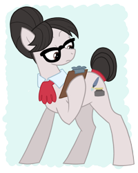 Size: 1900x2372 | Tagged: safe, artist:queertrixie, derpibooru import, writing desk, g4, clipboard, collar, female, glasses, mare, simple background, solo