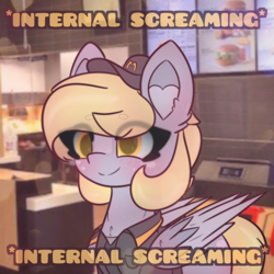 Size: 1920x1920 | Tagged: safe, artist:sodapop sprays, derpibooru import, part of a series, part of a set, derpy hooves, pegasus, pony, series:derpy can't catch a break, g4, clothes, dead inside, eye clipping through hair, hat, internal screaming, mcdonald's, meme, solo