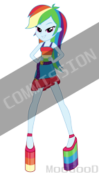 Size: 2000x3500 | Tagged: safe, artist:moogood, derpibooru import, rainbow dash, human, equestria girls, g4, bare shoulders, bedroom eyes, belt, clothes, cocktail dress, dress, fall formal outfits, female, hand on hip, high heels, high res, impossibly large heels, looking at you, multicolored hair, obtrusive watermark, platform heels, platform shoes, rainbow dress, rainbow hair, seductive look, shoes, signature, simple background, sleeveless, sleeveless dress, smiling, smiling at you, solo, spread legs, spreading, standing, transparent background, vector, watermark, wedge heel