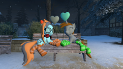 Size: 3840x2160 | Tagged: safe, artist:blitzythepony, derpibooru import, oc, oc only, oc:blitzythepony, oc:littlepip, pegasus, pony, unicorn, fallout equestria, 3d, balloon, bench, bow, clothes, couple, day of defeat, eyes closed, female, female oc, glasses, gmod, hair bow, happy, headphones, heart, heart balloon, horn, lesbian, outdoors, pegasus oc, shipping, snow, socks, striped socks, tree, unicorn oc