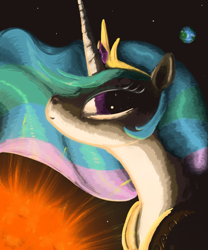 Size: 2500x3000 | Tagged: safe, artist:rapt, derpibooru import, princess celestia, alicorn, pony, g4, bust, dramatic lighting, female, mare, portrait, solo, space, stars, sun