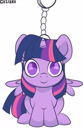 Size: 2691x4096 | Tagged: safe, artist:gelians, derpibooru import, twilight sparkle, twilight sparkle (alicorn), alicorn, pony, g4, chibi, female, keychain, mare, signature, simple background, sitting, smiling, solo, spread wings, white background, wings