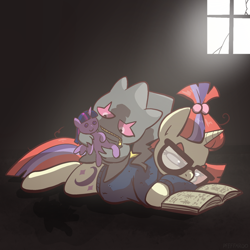 Size: 2048x2048 | Tagged: safe, artist:pfeffaroo, derpibooru import, moondancer, twilight sparkle, pony, unicorn, g4, banette, book, clothes, duo, female, frown, glasses, grudge, high res, holding, horn, indoors, looking at something, lying down, mare, moondancer's sweater, plushie, pokémon, prone, reading, sweater, twilight sparkle plushie, window