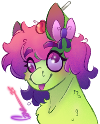 Size: 680x847 | Tagged: safe, artist:trashpanda czar, derpibooru import, oc, oc only, earth pony, bow, bust, candy, cheek fluff, chest fluff, colored sclera, earth pony oc, eyebrows, eyebrows visible through hair, eyelashes, female, food, gradient mane, mare, portrait, procreate app, profile picture, signature, simple background, smiling, solo, tongue, tongue out, transparent background