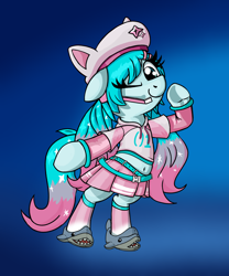 Size: 4128x4952 | Tagged: safe, artist:xppp1n, derpibooru import, pony, belt, bipedal, clothes, female, fortnite, hatsune miku, hoodie, looking at you, mare, multicolored hair, one eye closed, ponified, skirt, solo, species swap, vocaloid, wink