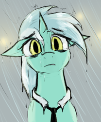 Size: 464x558 | Tagged: safe, artist:sleepyhoers, derpibooru import, lyra heartstrings, pony, unicorn, g4, bags under eyes, clothes, collar, crying, female, horn, looking at you, mare, necktie, rain, sad, solo