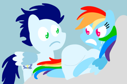 Size: 1935x1285 | Tagged: safe, anonymous artist, derpibooru exclusive, derpibooru import, rainbow dash, soarin', pegasus, pony, series:soarindash pregnancy, series:soarindash romantic tales, g4, angry, female, male, mare, pointy ponies, preggo dash, pregnant, shipping, soarindash, stallion, straight, you did this to me