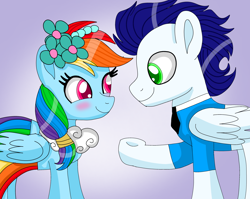 Size: 3290x2617 | Tagged: safe, artist:mrsdashskies, derpibooru import, rainbow dash, soarin', pegasus, pony, a canterlot wedding, g4, bridesmaid, bridesmaid dash, bridesmaid dress, clothes, dress, female, male, mare, my little pony: friendship is magic, shipping, soarindash, stallion, straight