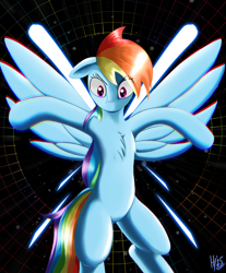 Size: 2343x2827 | Tagged: safe, artist:jphyperx, derpibooru import, rainbow dash, pegasus, pony, g4, abstract background, belly, chromatic aberration, flying, looking down, solo