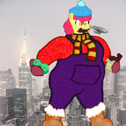 Size: 714x713 | Tagged: safe, derpibooru import, apple bloom, anthro, g4, boots, bundled up for winter, chocolate, city, clothes, confrontation, cross-eyed, fat, female, fog, food, hat, helicopter, jacket, joy boy, macro, messy eating, mittens, obese, older, older apple bloom, overalls, scarf, shoes, strong fat, surprised, winter, winter outfit