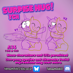 Size: 1500x1500 | Tagged: safe, artist:tidmouthmilk12, derpibooru import, oc, alicorn, earth pony, pegasus, pony, unicorn, commission, eye bulging, horn, hug, outlines only, squeezing, watermark, ych example, your character here