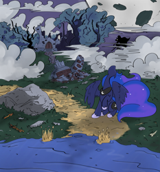 Size: 3351x3600 | Tagged: safe, artist:ponny, derpibooru import, princess luna, alicorn, pony, g4, castle, cloud, colored, destroyed, everfree forest, fog, looking back, moon, river, road, rock, solo, spear, sword, tree, water, weapon