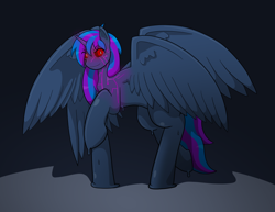 Size: 900x695 | Tagged: safe, artist:defilerzero, derpibooru import, oc, oc only, alicorn, pony, alicorn oc, dark, horn, multiple wings, raised hoof, raised leg, solo, wings