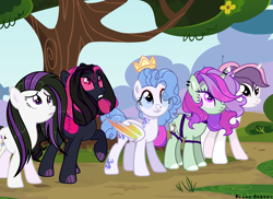 Size: 6000x4368 | Tagged: safe, artist:blackcherry, derpibooru import, oc, oc only, oc:blackcherry, oc:danzei animation jora, oc:sonya, oc:sweetieck dreams, bat pony, pegasus, pony, unicorn, g4, butt, colored hooves, cute, eyelashes, female, filly, flower, foal, hooves, horn, mare, not sweetie belle, orange eyes, outdoors, plot, smiling, tail, tree, two toned mane, two toned tail, unicorn horn