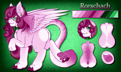 Size: 5000x3000 | Tagged: safe, artist:dewdropinn, derpibooru import, oc, oc only, oc:rorschach, sphinx, bow, claws, ear piercing, earring, female, glasses, jewelry, paw pads, paws, piercing, reference sheet, solo, underpaw