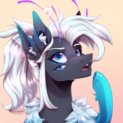 Size: 2000x2000 | Tagged: safe, artist:luzreal, derpibooru import, oc, bug pony, insect, original species, pony, blue eyes, bust, chest fluff, commission, doublie, emoji, long hair, multiple ears, multiple eyes, open mouth, question mark, raised hoof, raised leg, shading, species, thinking, three quarter view, 🤔