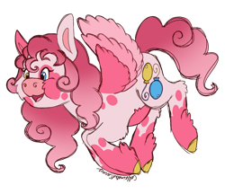 Size: 1066x923 | Tagged: safe, artist:caffeinatedcarny, derpibooru import, pinkie pie, pegasus, pony, g4, 80s, alternate cutie mark, belly fluff, cheek fluff, coat markings, colored hooves, colored wings, feathered fetlocks, flying, g5 concept leaks, gradient mane, heterochromia, hooves, leg fluff, pegasus pinkie pie, race swap, redesign, simple background, solo, species swap, transparent background, vintage, wings