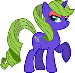 Size: 749x724 | Tagged: safe, artist:quanxaro, derpibooru import, forsythia, pony, unicorn, g4, curly hair, curly mane, curly tail, female, horn, mare, raised hoof, raised leg, redesign, simple background, tail, transparent background