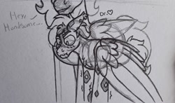 Size: 2260x1332 | Tagged: safe, artist:drheartdoodles, derpibooru import, oc, oc:dr.heart, oc:slash, dracony, dragon, hybrid, pegasus, blushing, clydesdale, flirting, size difference, spread wings, wingboner, wings