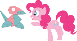 Size: 3574x1903 | Tagged: safe, artist:porygon2z, derpibooru import, pinkie pie, earth pony, pony, g4, boop, duo, happy, hoof out, open mouth, pokémon, porygon, raised hoof, raised leg, simple background, transparent background, vector