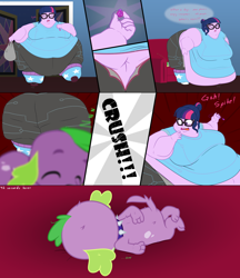 Size: 5200x6015 | Tagged: safe, artist:neongothic, derpibooru import, sci-twi, spike, spike the regular dog, twilight sparkle, dog, human, equestria girls, g4, abuse, accidental abuse, bbw, belly, belly button, big belly, bingo wings, breasts, burger, busty sci-twi, butt, chubby cheeks, collar, comic, crush, double chin, duo, duo male and female, family guy death pose, fat, fat ass, fat boobs, fat fetish, female, fetish, food, geode of telekinesis, glasses, huge belly, huge butt, impossibly large belly, impossibly large butt, large butt, magical geodes, male, morbidly obese, obese, onomatopoeia, sci-twibutt, sci-twilard, sitting on person, sofa, sound effects, spikeabuse, spiked collar, ssbbw, the ass was fat, the ass was too fat, thighs, this ended in pain, thunder thighs, twilard sparkle, weight gain, zzz