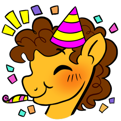 Size: 2048x2048 | Tagged: safe, artist:eatingsomegreeneggos, derpibooru import, cheese sandwich, earth pony, pony, g4, blushing, bust, confetti, emanata, eyes closed, hat, male, noisemaker, party hat, portrait, simple background, smiling, solo, stallion, transparent background