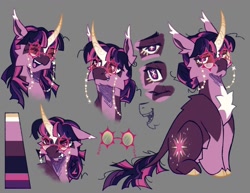 Size: 1397x1080 | Tagged: safe, artist:cerulean-crow, derpibooru import, twilight sparkle, unicorn twilight, pony, unicorn, g4, alternate design, alternate hairstyle, alternate tailstyle, alternate universe, bust, cheek fluff, chest fluff, chin fluff, female, glasses, glasses chain, gray background, horn, looking at you, mare, reference sheet, round glasses, simple background, sitting, smiling, smiling at you, solo, tail