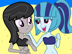 Size: 900x680 | Tagged: safe, artist:jadeharmony, derpibooru import, octavia melody, sonata dusk, human, equestria girls, g4, alternate hairstyle, base used, beach, bikini, bra, clothes, cute, duo, duo female, eyeshadow, female, flirting, hand under chin, lesbian, lidded eyes, looking at each other, looking at someone, makeup, ocean, open mouth, open smile, ponytail, sand, ship:sontavia, shipping, smiling, sonatabetes, swimsuit, tavibetes, underwear, water