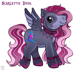 Size: 1624x1501 | Tagged: safe, artist:lominator, derpibooru import, oc, oc only, oc:scarlette dusk, pegasus, pony, g3, anklet, bijouterie, blaze (coat marking), bracelet, choker, coat markings, colored wings, decoration, ear piercing, earring, facial markings, female, g3 oc, glitter, hooves, jewelry, looking at you, mare, necklace, pegasus oc, piercing, precious stones, purple eyes, purple hair, simple background, solo, sparkles, sparkly hooves, sparkly mane, sparkly tail, spread wings, standing, tail, two toned wings, white background, wings