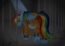 Size: 4093x2894 | Tagged: safe, artist:maryzet, derpibooru import, rainbow dash, g4, bound wings, butt, clothes, crying, jail, jail cell, jumpsuit, looking at you, looking back, looking back at you, never doubt rainbowdash69's involvement, no catchlights, plot, prison, prison cell, prison outfit, prisoner, prisoner rd, rope, shackles, solo, wings