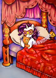 Size: 2209x3054 | Tagged: safe, artist:dariarchangel, derpibooru import, rarity, pony, unicorn, g4, bed, bedroom, blanket, bow, c:, carousel boutique, commission, complex background, curtains, cute, daaaaaaaaaaaw, detailed background, female, hnnng, hoof hold, horn, hug, indoors, lamp, lying down, mare, obtrusive watermark, pillow, plushie, purple hair, purple mane, raribetes, rarity's bedroom, sleep mask, sleeping, smiling, solo, sweet dreams fuel, teddy bear, toy, traditional art, under blanket, watermark, weapons-grade cute, white coat