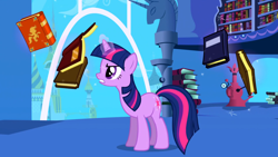 Size: 1920x1080 | Tagged: safe, derpibooru import, screencap, twilight sparkle, unicorn twilight, pony, unicorn, friendship is magic, g4, book, bookshelf, female, horn, levitation, magic, mare, my little pony: friendship is magic, solo, telekinesis, twilight's canterlot home, window