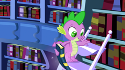 Size: 1920x1080 | Tagged: safe, derpibooru import, screencap, spike, dragon, friendship is magic, g4, book, bookshelf, ladder, male, my little pony: friendship is magic, solo, twilight's canterlot home