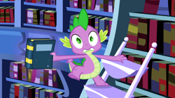 Size: 1920x1080 | Tagged: safe, derpibooru import, screencap, spike, dragon, friendship is magic, g4, book, bookshelf, ladder, male, my little pony: friendship is magic, solo, twilight's canterlot home