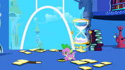 Size: 1920x1080 | Tagged: safe, derpibooru import, screencap, spike, dragon, friendship is magic, g4, book, hourglass, male, my little pony: friendship is magic, solo, twilight's canterlot home, window