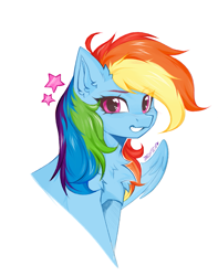 Size: 839x1063 | Tagged: safe, artist:thieftea, derpibooru import, rainbow dash, pegasus, pony, g4, bust, chest fluff, ear fluff, ears, female, mare, simple background, solo, spread wings, stars, white background, wings