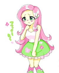 Size: 898x1125 | Tagged: safe, artist:ekurea_1, derpibooru import, fluttershy, human, equestria girls, g4, blushing, boots, butterfly hairpin, clothes, female, fluttershy's skirt, japanese, knees pressed together, nose blush, shoes, simple background, skirt, solo, tanktop, wavy mouth, white background