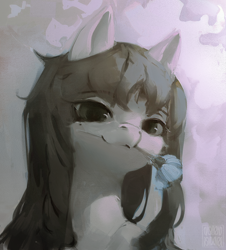 Size: 1808x2000 | Tagged: safe, artist:rvsd, derpibooru import, oc, oc only, pony, bust, female, flower, flower in mouth, mare, mouth hold, portrait, smiling, solo