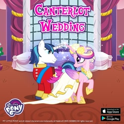 Size: 1080x1080 | Tagged: safe, derpibooru import, princess cadance, shining armor, alicorn, unicorn, a canterlot wedding, g4, 2025, clothes, dress, duo, duo male and female, female, gameloft, hoof shoes, horn, horn ring, indoors, looking at each other, looking at someone, male, my little pony logo, my little pony: friendship is magic, princess shoes, ring, shiningcadance, shipping, straight, veil, wedding dress, wedding veil