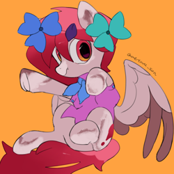 Size: 4096x4096 | Tagged: safe, artist:metaruscarlet, derpibooru import, oc, oc only, oc:metaru scarlet, pegasus, pony, clothes, flower, flower in hair, leaves, leaves in hair, pegasus oc, ponysona, raised hoof, raised leg, simple background, sitting, solo, spotted, spread wings, wings, yellow background