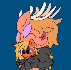 Size: 3024x2980 | Tagged: safe, artist:derpyalex2, derpibooru import, oc, oc only, oc:corona lionheart, oc:sora bloom, deer, griffon, hippogriff, blue background, digital art, freckles, griffon oc, hug, plushie, simple background