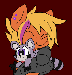 Size: 2559x2665 | Tagged: safe, artist:derpyalex2, derpibooru import, oc, oc only, oc:corona lionheart, commission, digital art, hug, plushie, rambley raccoon, red background, simple background, solo, ych result