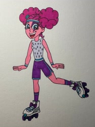 Size: 3024x4032 | Tagged: safe, artist:dylanwayneburk, derpibooru import, pinkie pie, human, equestria girls, g4, afro puffs, alternate hairstyle, costume, female, halloween, halloween costume, holiday, nightmare night costume, pinkie puffs, roller skates, simple background, skates, solo, traditional art